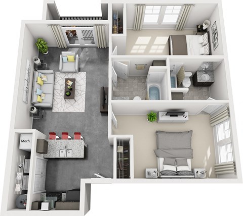 Floor plan for 2 beds, 2 baths, 970 sqft